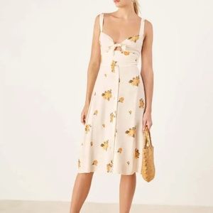 Reformation Cream Midi Dress with Yellow Floral Motif